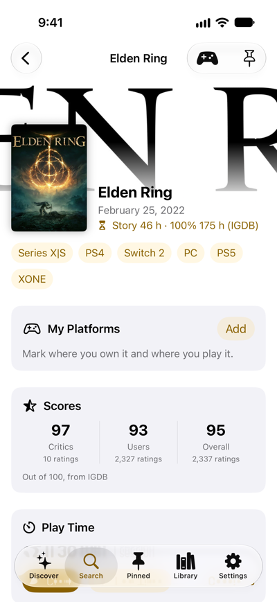 Gamepage on iPhone: the Elden Ring game page with its release date, time to beat (Story 46 h, 100% 175 h, IGDB), platforms and its critic, user and overall scores