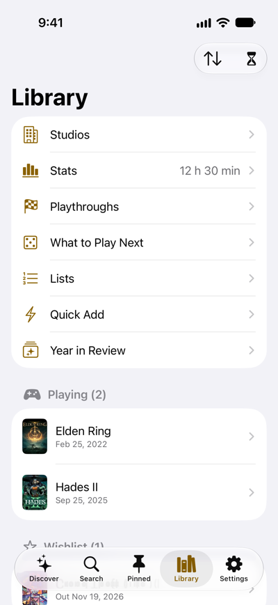 Gamepage on iPhone: the Library with Studios, Stats, Playthroughs, What to Play Next, Lists, Quick Add and Year in Review, then the games you're playing, Elden Ring and Hades II
