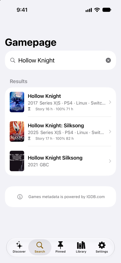 Gamepage on iPhone: search results for Hollow Knight, each with its year, platforms and Story and 100% times