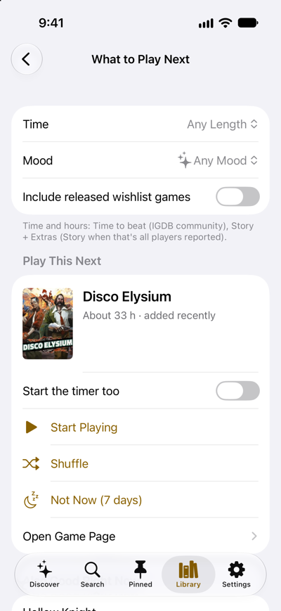 Gamepage on iPhone: What to Play Next picks Disco Elysium from the backlog, about 33 hours, with Start Playing, Shuffle and Not Now